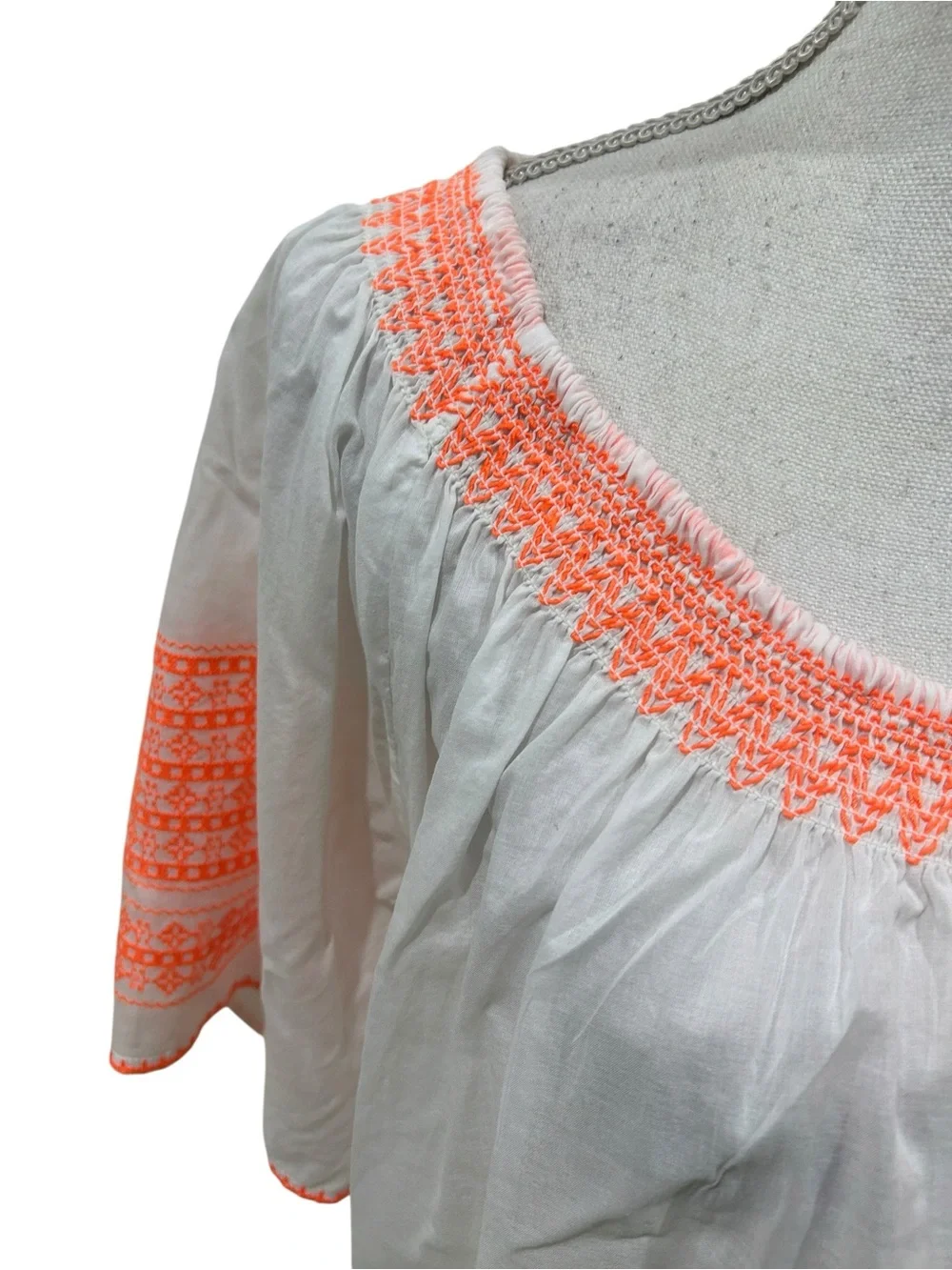 J crew White Peasant mini dress beach Coral Embroidered Neckline tassel medium